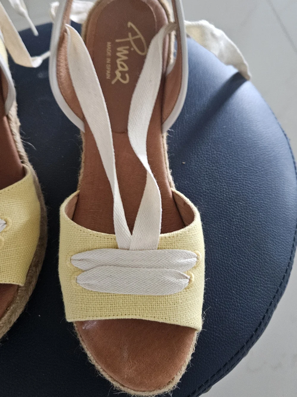 Ina Yellow Espadrille Wedge Sandals with Ivory Ankle Ties, Made In Spain, Size 8